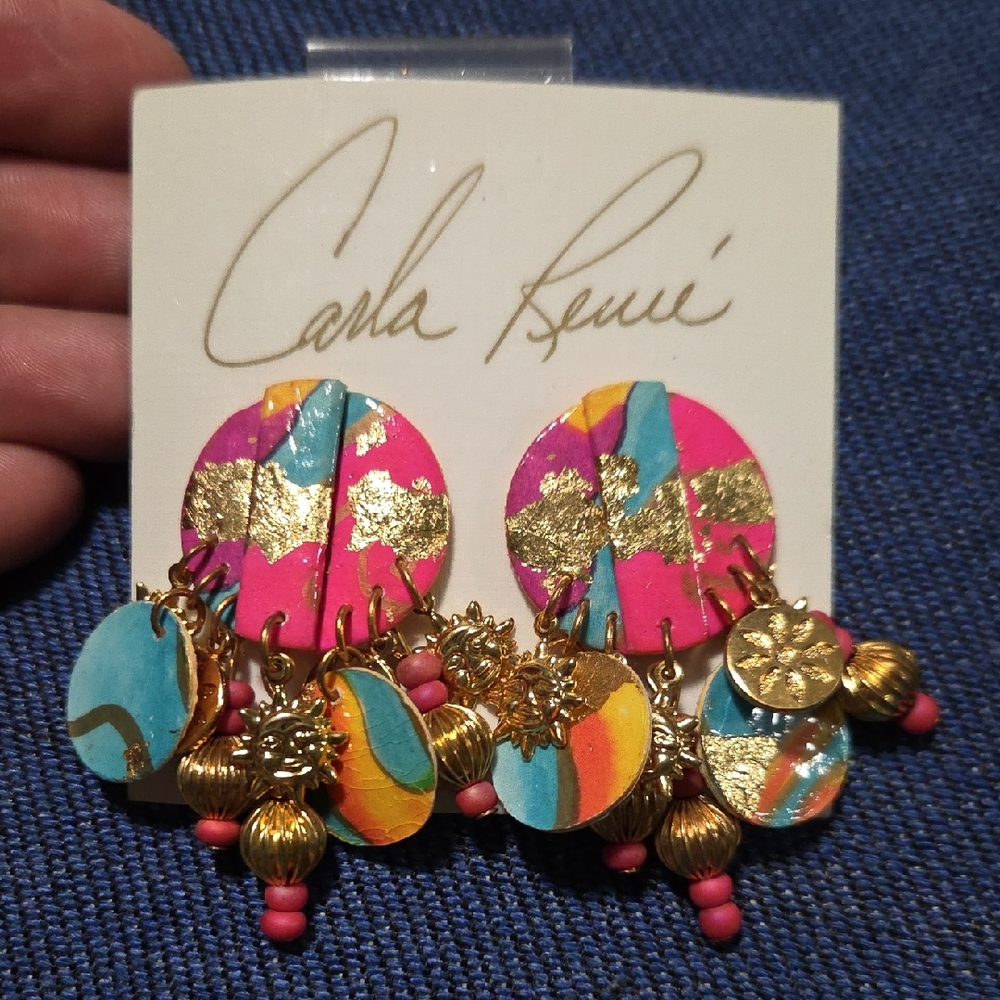 Pink & Blue Gold-Accent Dangle Earrings